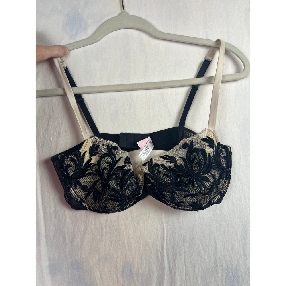 Victorias Secret Very Sexy Push Up Bra 36D Black Champagne Lace Embroidered Mesh